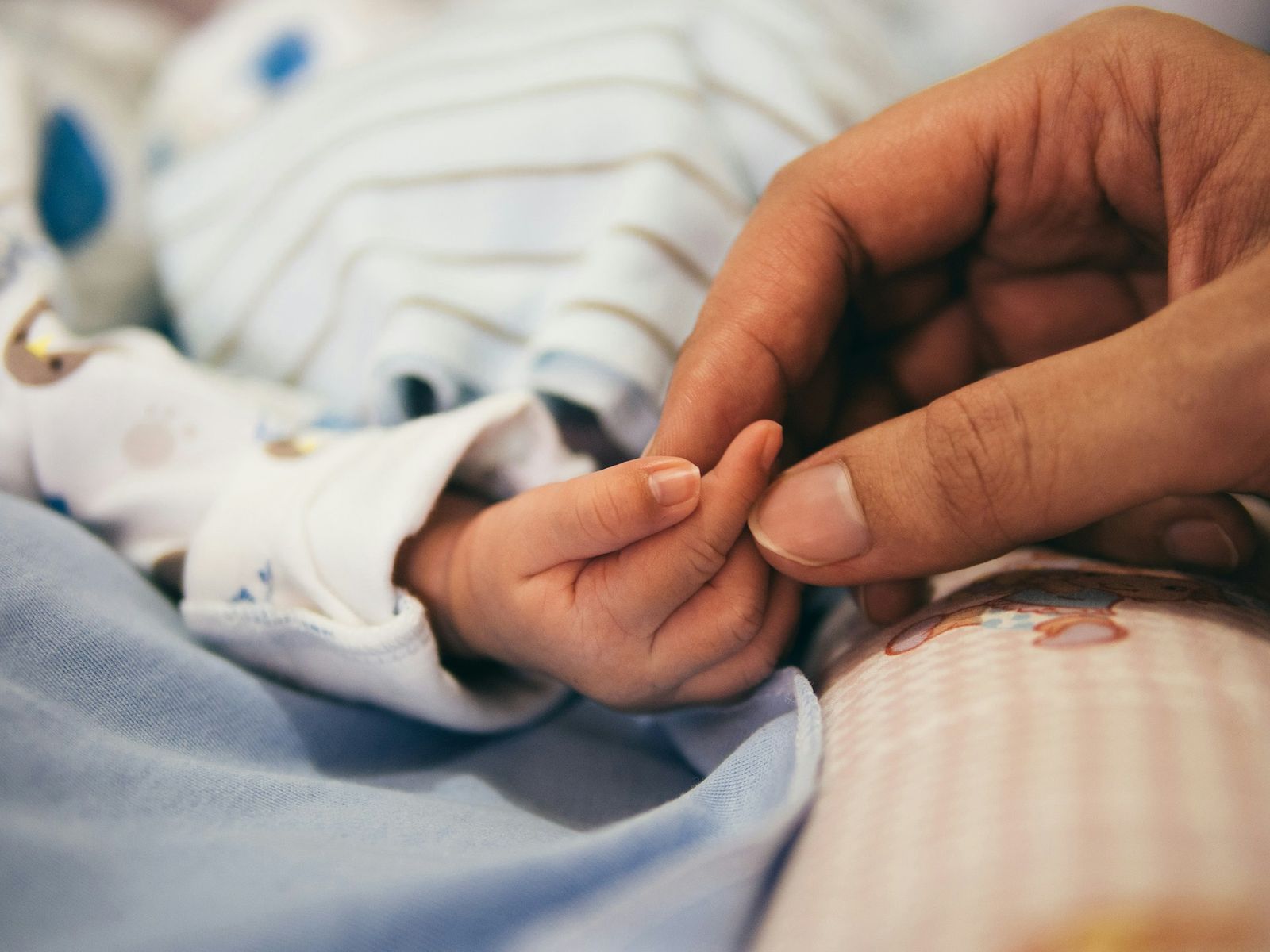 An adult's hand gently holding a newborn's tiny hand