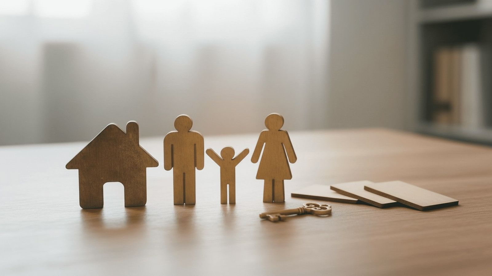 Wooden family figures and a small house on a table beside a set of house keys